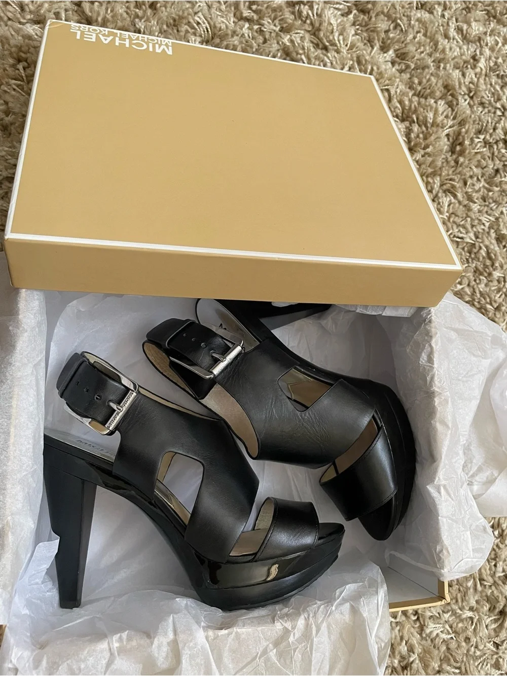 Michael Kors Black Leather Cutout Platform Sandals with Buckle